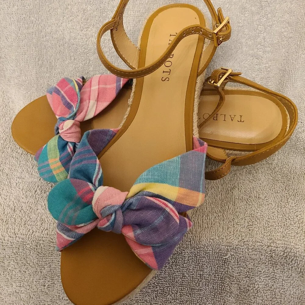 TALBOTS PAMELA TWIST PLAID ESPADRILLE WEDGES IN MADRAS PLAID